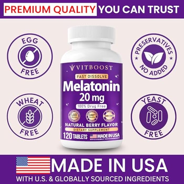 VITBOOST Melatonin 20mg Fast Dissolve Sleep Aid Tablets for Adults - Melatonin Extra Strength, Natural Berry Flavor, 3rd Party Tested, Drug-Free, Non-GMO, Made in USA - 120 Count (4-Month Supply) - Image 3