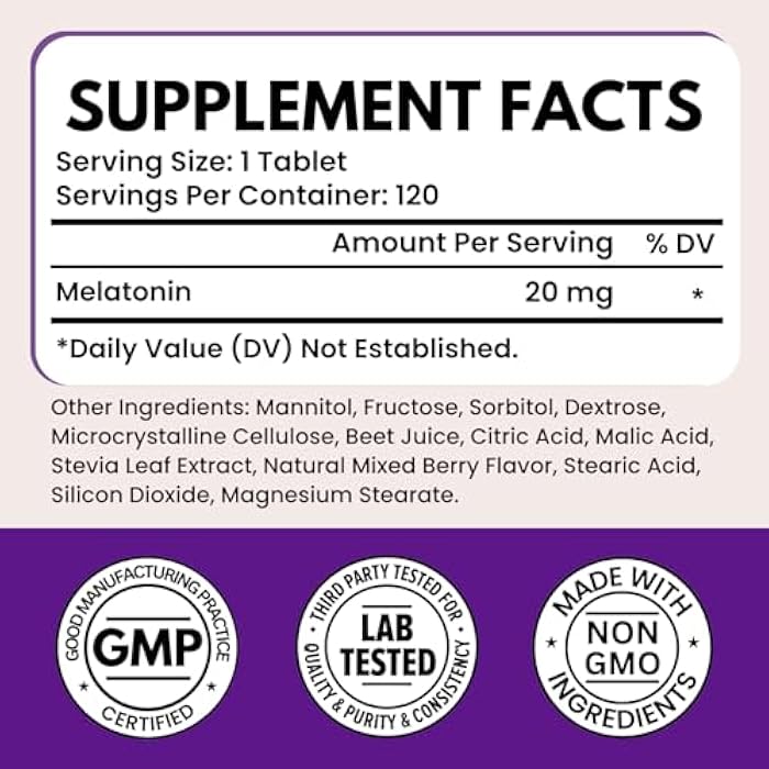 VITBOOST Melatonin 20mg Fast Dissolve Sleep Aid Tablets for Adults - Melatonin Extra Strength, Natural Berry Flavor, 3rd Party Tested, Drug-Free, Non-GMO, Made in USA - 120 Count (4-Month Supply) - Image 2