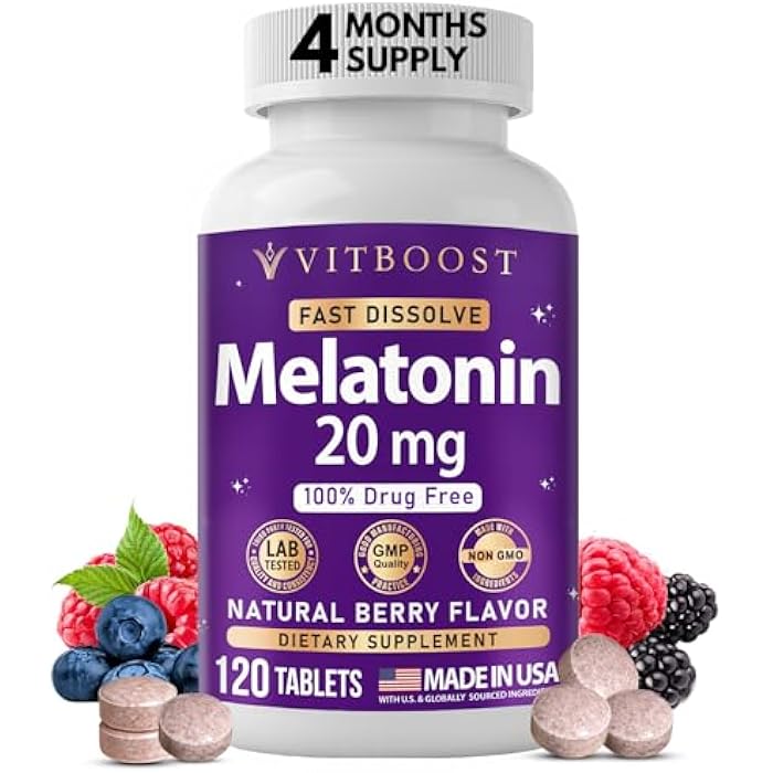 VITBOOST Melatonin 20mg Fast Dissolve Sleep Aid Tablets for Adults - Melatonin Extra Strength, Natural Berry Flavor, 3rd Party Tested, Drug-Free, Non-GMO, Made in USA - 120 Count (4-Month Supply) - Image 1