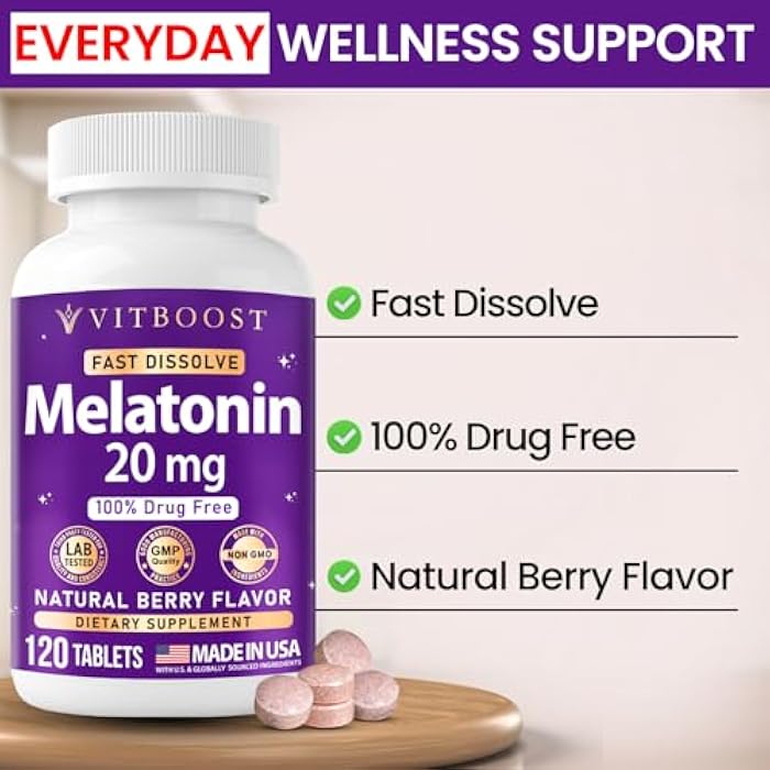 VITBOOST Melatonin 20mg Fast Dissolve Sleep Aid Tablets for Adults - Melatonin Extra Strength, Natural Berry Flavor, 3rd Party Tested, Drug-Free, Non-GMO, Made in USA - 120 Count (4-Month Supply) - Image 5