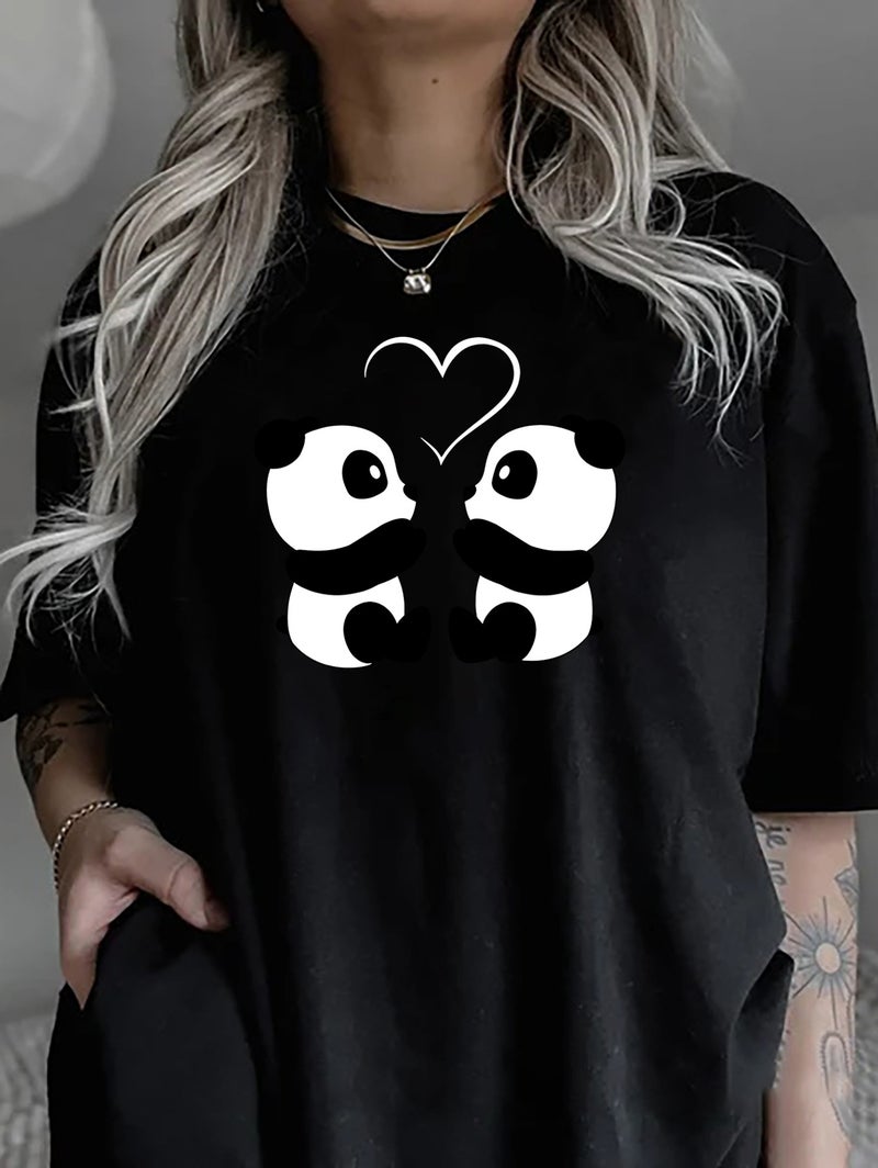 Foreign trade Independent Station Women's top Round Neck Cartoon Panda Print Short-sleeved t-shirt - Image 1