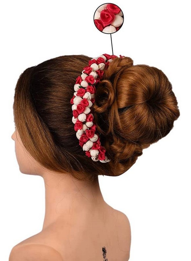 Chanderkash Pack of 1; Pink Rose with White Mogra Flower Gajra Floral Bun Bridal Mogra Rose Flower|Puff Juda Bun Shaper |Messy Bun Scrunchie - Image 2
