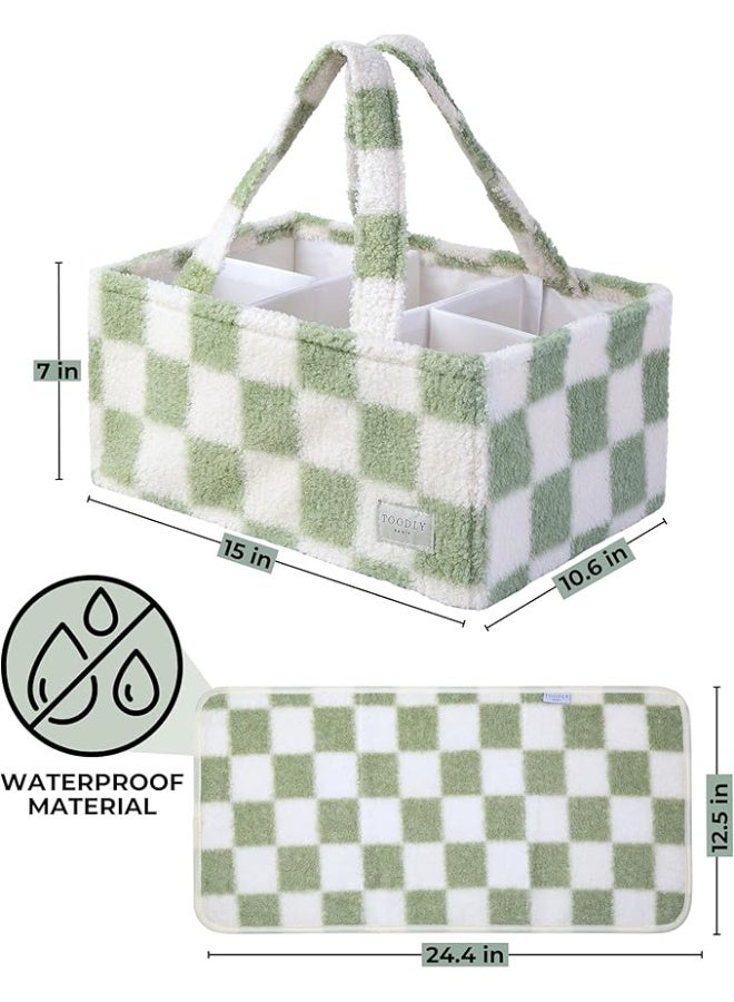 Toodly Checkered Diaper Caddy Organizer with Portable Changing Mat - Teddy Fleece Diaper Organizer for Changing Table - Caddy Organizer with Removable Dividers - Green and White  - Image 4