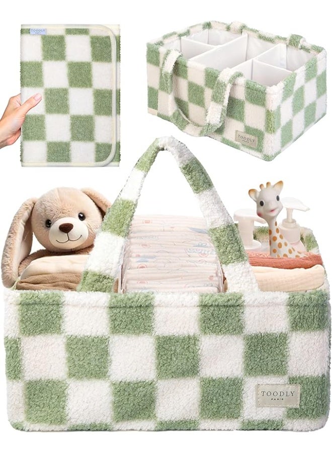 Toodly Checkered Diaper Caddy Organizer with Portable Changing Mat - Teddy Fleece Diaper Organizer for Changing Table - Caddy Organizer with Removable Dividers - Green and White  - Image 1