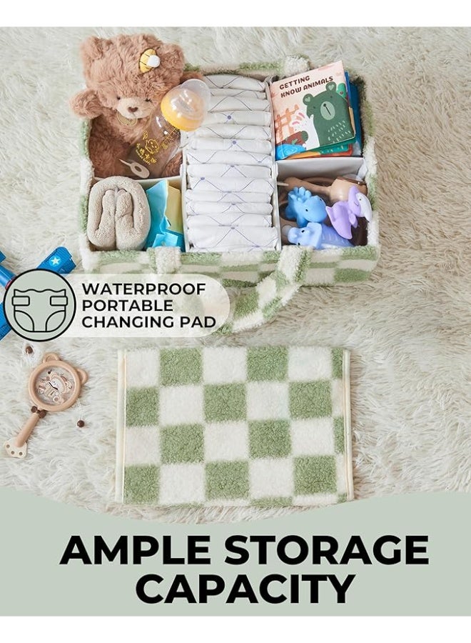 Toodly Checkered Diaper Caddy Organizer with Portable Changing Mat - Teddy Fleece Diaper Organizer for Changing Table - Caddy Organizer with Removable Dividers - Green and White  - Image 2