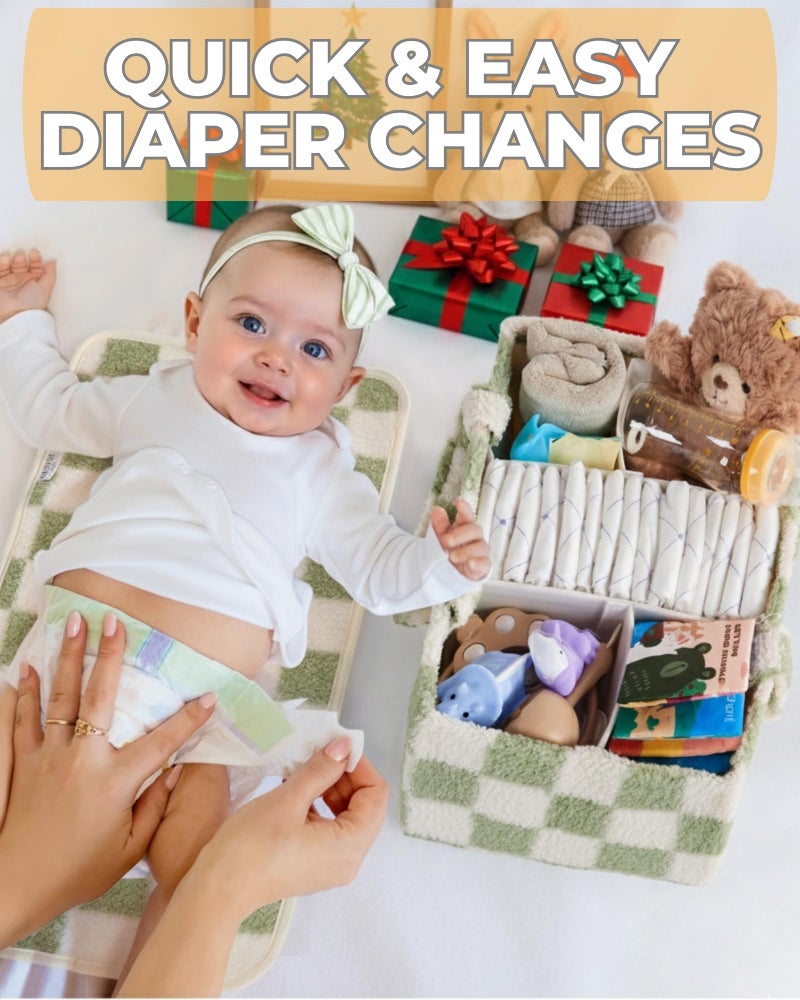 Toodly Checkered Diaper Caddy Organizer with Portable Changing Mat - Teddy Fleece Diaper Organizer for Changing Table - Caddy Organizer with Removable Dividers - Green and White - Image 3