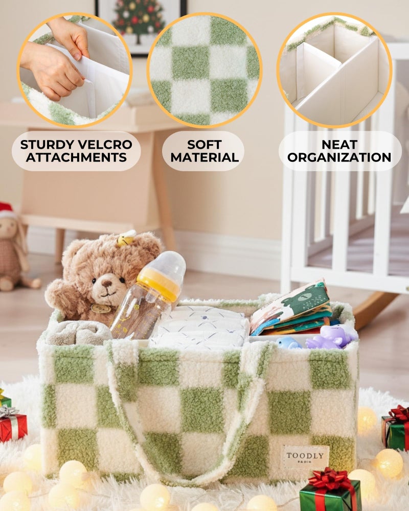 Toodly Checkered Diaper Caddy Organizer with Portable Changing Mat - Teddy Fleece Diaper Organizer for Changing Table - Caddy Organizer with Removable Dividers - Green and White - Image 4