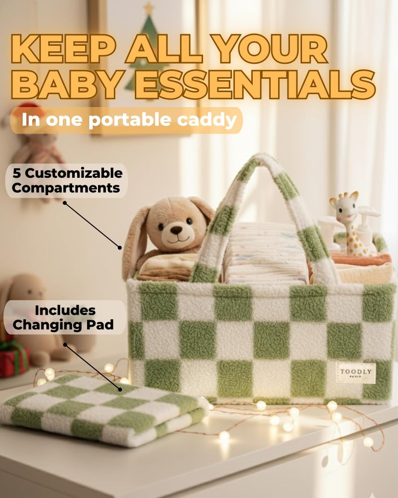 Toodly Checkered Diaper Caddy Organizer with Portable Changing Mat - Teddy Fleece Diaper Organizer for Changing Table - Caddy Organizer with Removable Dividers - Green and White - Image 2