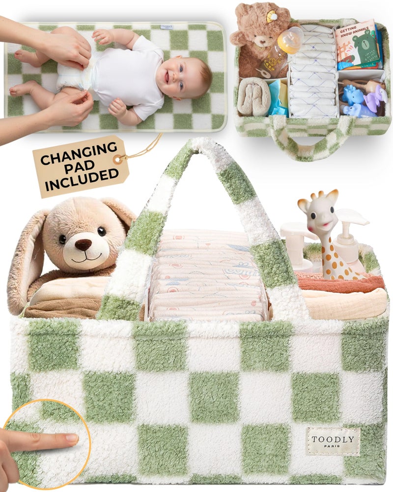 Toodly Checkered Diaper Caddy Organizer with Portable Changing Mat - Teddy Fleece Diaper Organizer for Changing Table - Caddy Organizer with Removable Dividers - Green and White - Image 1