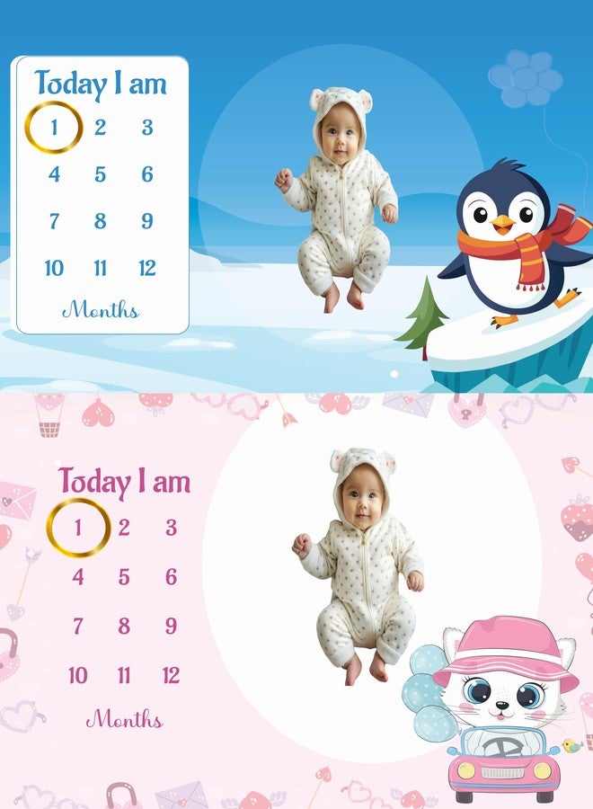 Hoolloomooloo Baby Milestone Blanket Pack of 2 | Winter Penguin & Pink Kitty Car Design | Monthly Photoshoot Prop with 15 Cards & 1 Golden Ring per Blanket | 90x120 cm Soft Fleece for Newborns - Image 1