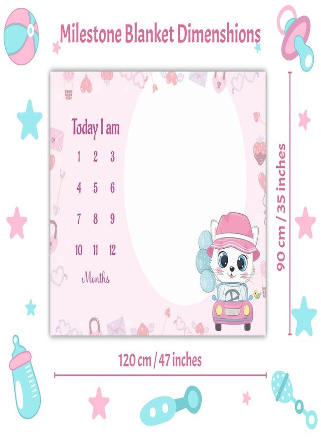 Hoolloomooloo Baby Milestone Blanket Pack of 2 | Winter Penguin & Pink Kitty Car Design | Monthly Photoshoot Prop with 15 Cards & 1 Golden Ring per Blanket | 90x120 cm Soft Fleece for Newborns - Image 3