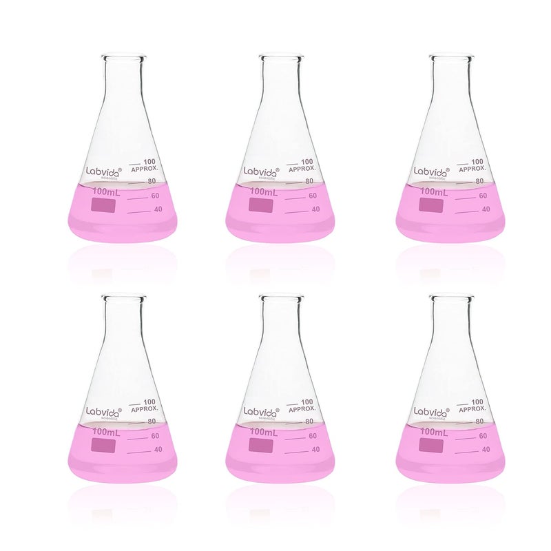 Labvida 6pcs of Narrow Mouth Glass Erlenmeyer Flasks, Vol.100ml, 3.3 Borocilicate with Printed Graduation, LVC009 - Image 1