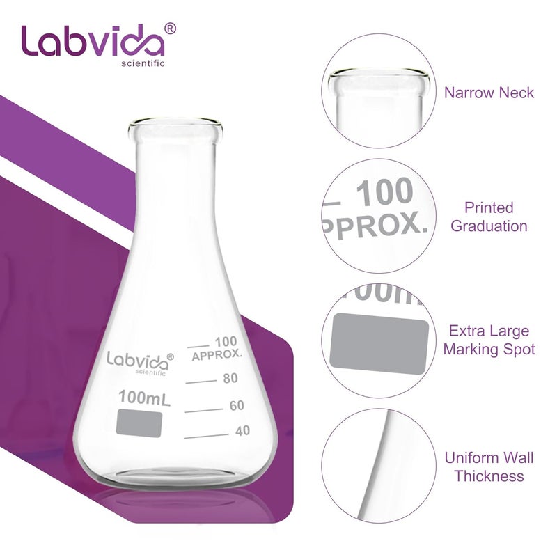 Labvida 6pcs of Narrow Mouth Glass Erlenmeyer Flasks, Vol.100ml, 3.3 Borocilicate with Printed Graduation, LVC009 - Image 3