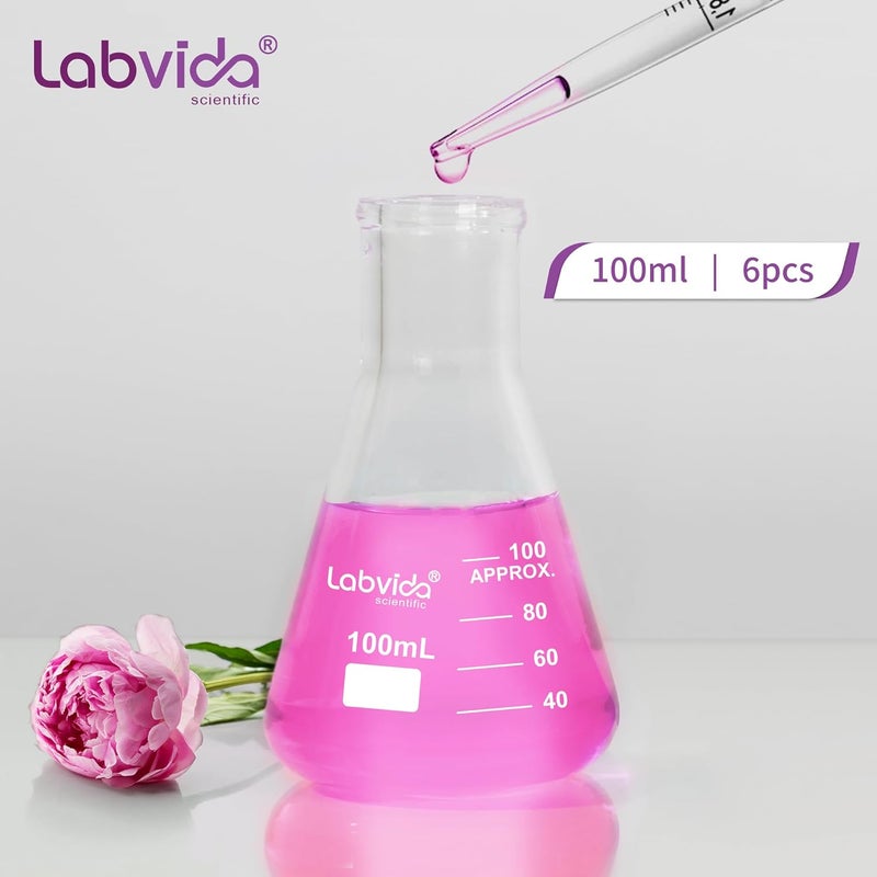 Labvida 6pcs of Narrow Mouth Glass Erlenmeyer Flasks, Vol.100ml, 3.3 Borocilicate with Printed Graduation, LVC009 - Image 2