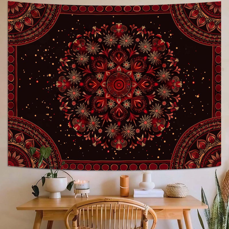 Accnicc Boho Mandala Tapestry Wall Hanging Hippie Bohemian Floral Flower Medallion Tapestry Aesthetic Small Vintage Black Red Indian Tapestries for Bedroom Living Room Dorm Decor 48 x 36 Inch - Image 4