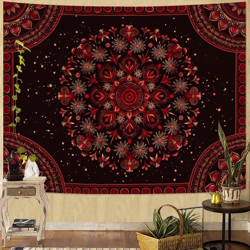 Accnicc Boho Mandala Tapestry Wall Hanging Hippie Bohemian Floral Flower Medallion Tapestry Aesthetic Small Vintage Black Red Indian Tapestries for Bedroom Living Room Dorm Decor 48 x 36 Inch - Image 5