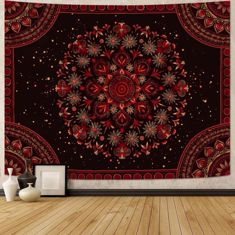 Accnicc Boho Mandala Tapestry Wall Hanging Hippie Bohemian Floral Flower Medallion Tapestry Aesthetic Small Vintage Black Red Indian Tapestries for Bedroom Living Room Dorm Decor 48 x 36 Inch - Image 1