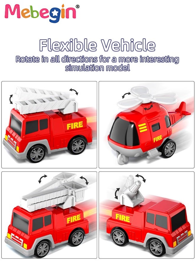 MEBEGIN - 5 in 1 Fire Trucks Set with 6 Mini Friction Power Cars, Truck Toys with Light and Sound, Fire Engine Truck Playset, Designed for Small Hands of Toddlers, Firetruck Rescue Game, Early Education Toy, Ideal Gift for Kids Aged 3+, 3 AA Batteries Required(Not Included) - Image 1