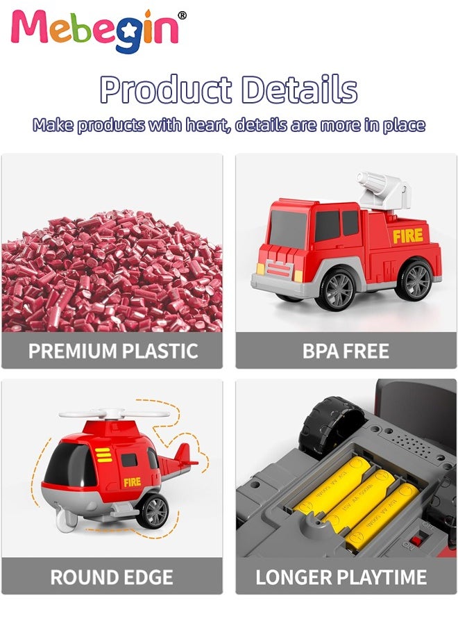 MEBEGIN - 5 in 1 Fire Trucks Set with 6 Mini Friction Power Cars, Truck Toys with Light and Sound, Fire Engine Truck Playset, Designed for Small Hands of Toddlers, Firetruck Rescue Game, Early Education Toy, Ideal Gift for Kids Aged 3+, 3 AA Batteries Required(Not Included) - Image 1