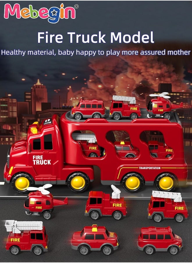 MEBEGIN 5 in 1 Fire Trucks Set with 6 Mini Friction Power Cars, Truck Toys with Light and Sound, Fire Engine Truck Playset, Designed for Small Hands of Toddlers, Firetruck Rescue Game, Early Education Toy, Ideal Gift for Kids Aged 3+, 3 AA Batteries Required(Not Included)  - Image 2