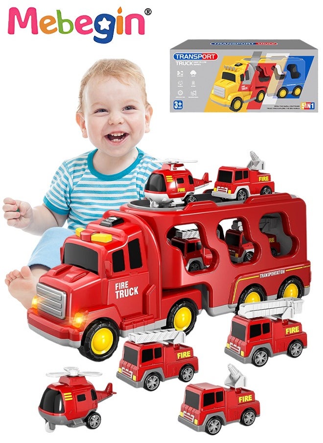 MEBEGIN 5 in 1 Fire Trucks Set with 6 Mini Friction Power Cars, Truck Toys with Light and Sound, Fire Engine Truck Playset, Designed for Small Hands of Toddlers, Firetruck Rescue Game, Early Education Toy, Ideal Gift for Kids Aged 3+, 3 AA Batteries Required(Not Included)  - Image 1