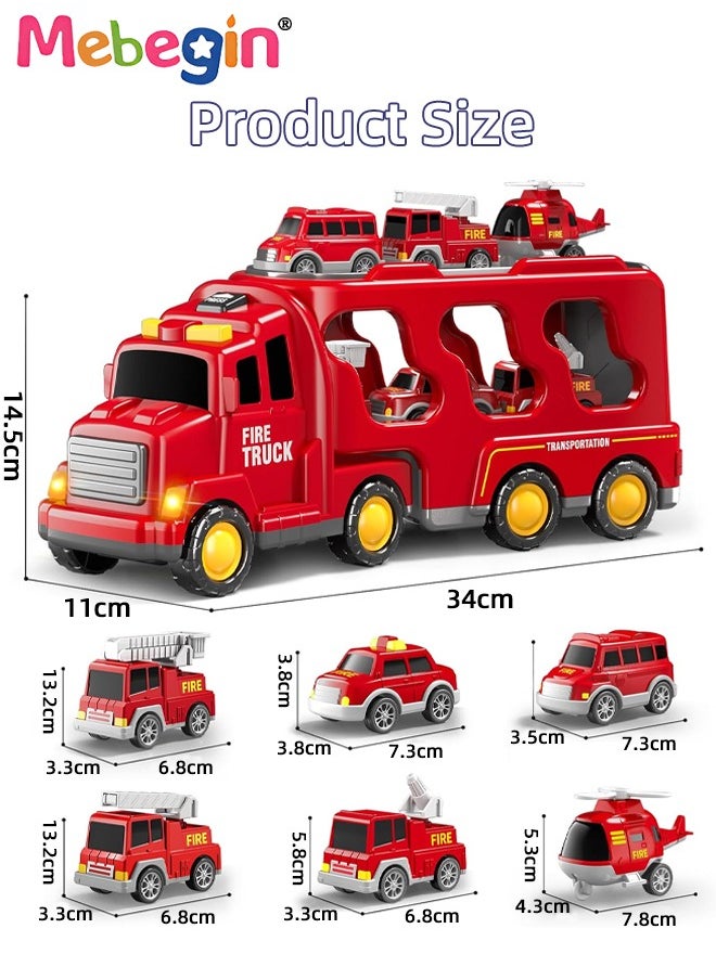MEBEGIN - 5 in 1 Fire Trucks Set with 6 Mini Friction Power Cars, Truck Toys with Light and Sound, Fire Engine Truck Playset, Designed for Small Hands of Toddlers, Firetruck Rescue Game, Early Education Toy, Ideal Gift for Kids Aged 3+, 3 AA Batteries Required(Not Included) - Image 1