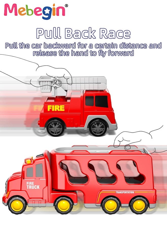 MEBEGIN - 5 in 1 Fire Trucks Set with 6 Mini Friction Power Cars, Truck Toys with Light and Sound, Fire Engine Truck Playset, Designed for Small Hands of Toddlers, Firetruck Rescue Game, Early Education Toy, Ideal Gift for Kids Aged 3+, 3 AA Batteries Required(Not Included) - Image 1