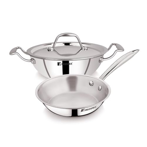 BERGNER Argent Junior Chef Triply Stainless Steel Set of 18 cm/1.5 LTR Kadai with Lid and 18 cm Frypan, Kadai and Frypan Combo, Durable Handles, Induction Base and Gas Ready, 5-Year Warranty, Silver - Image 1