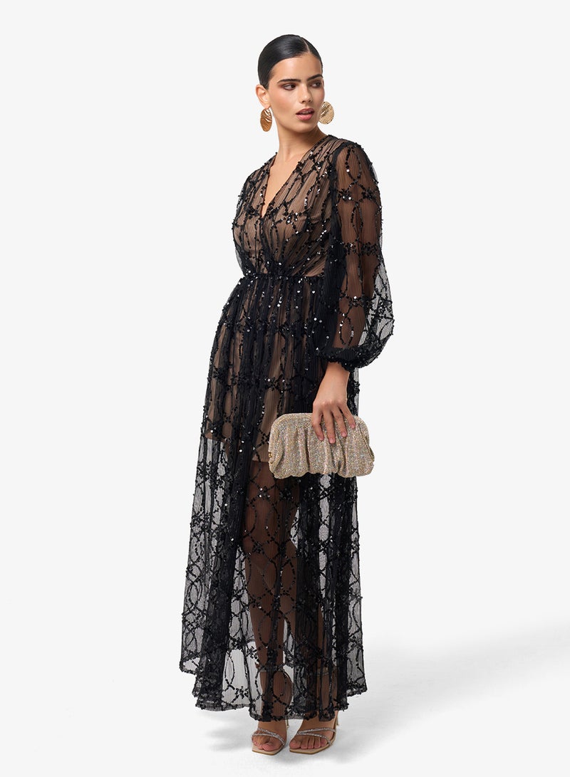 Threadz by Ajooni V-Neck Puff Sleeve Mesh Detail Maxi Dress - Image 4