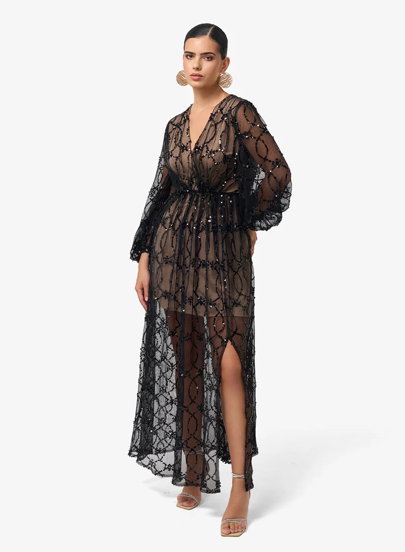 Threadz by Ajooni V-Neck Puff Sleeve Mesh Detail Maxi Dress