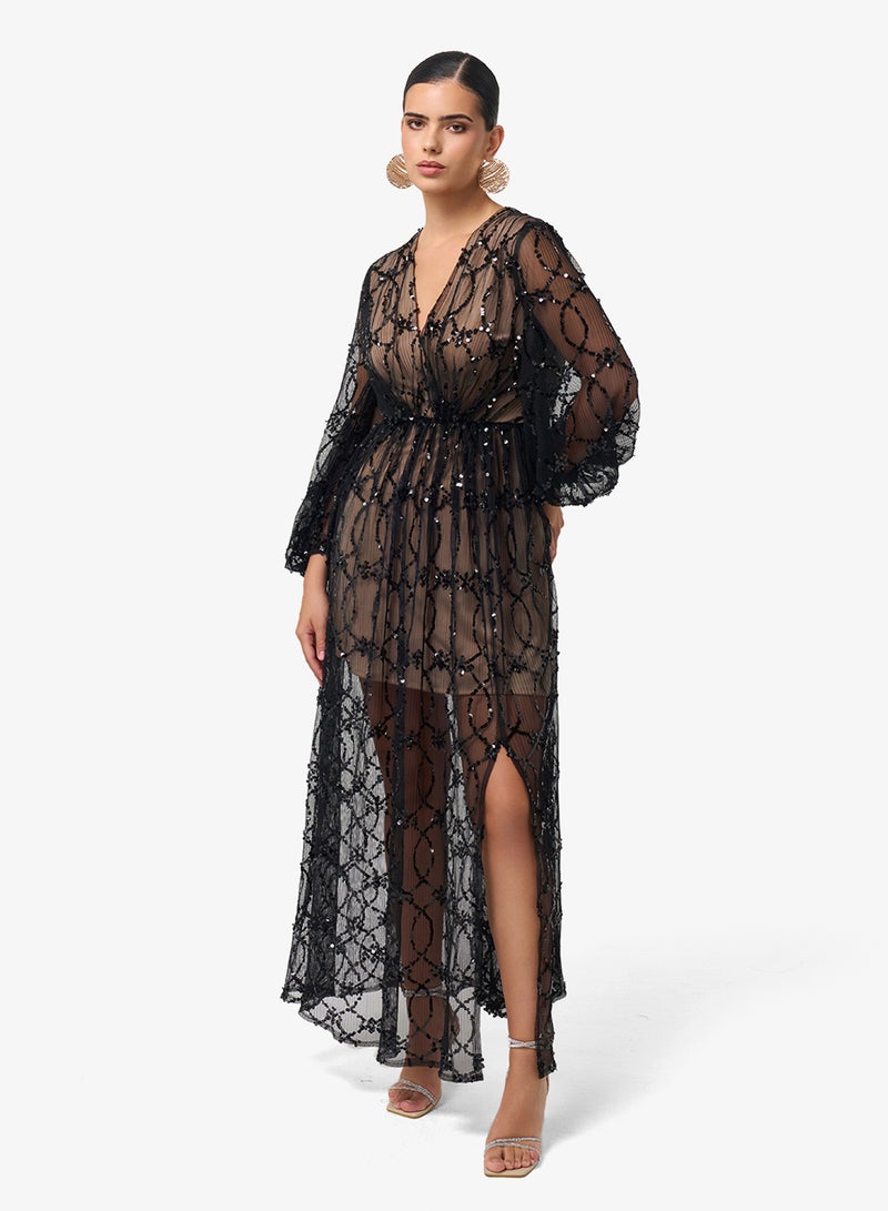 Threadz by Ajooni V-Neck Puff Sleeve Mesh Detail Maxi Dress - Image 1