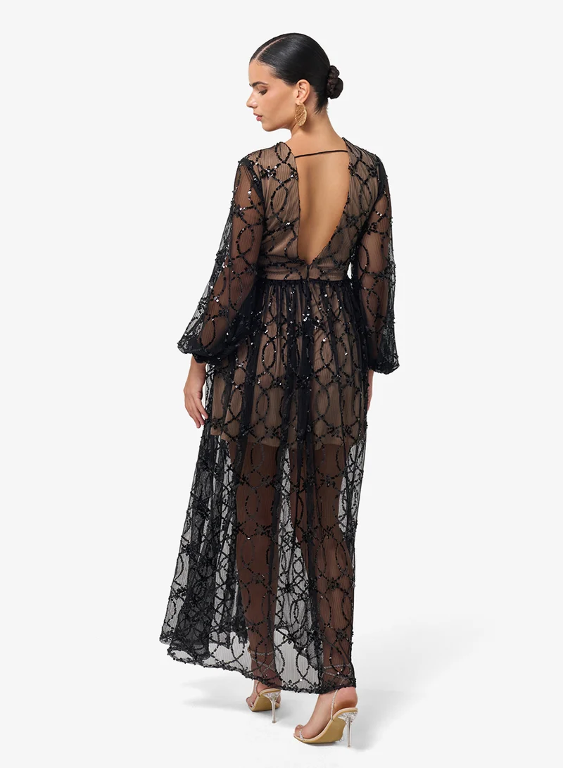 Threadz by Ajooni V-Neck Puff Sleeve Mesh Detail Maxi Dress