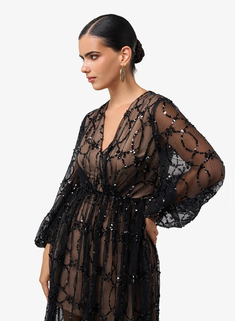 Threadz by Ajooni  V-Neck Puff Sleeve Mesh Detail Maxi Dress for Women | Best Price UAE