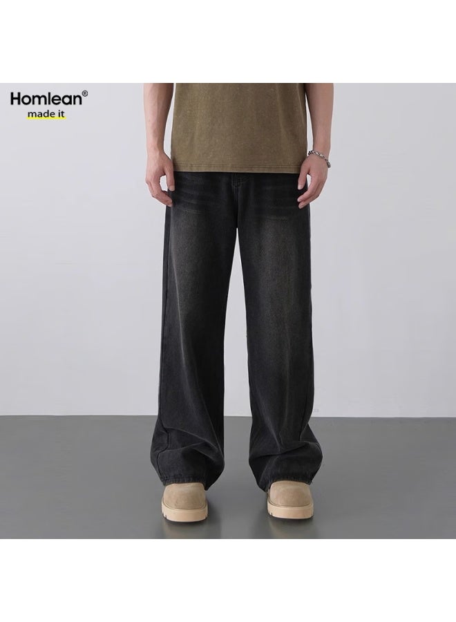 Homlean American High Street Washed Denim Jeans Men's Retro Straight-leg Casual Trendy Wide-leg Pants An05 Black 3XL - Image 1