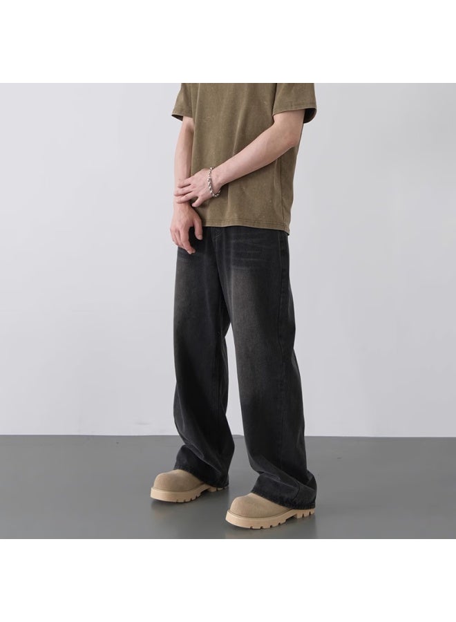 Homlean American High Street Washed Denim Jeans Men's Retro Straight-leg Casual Trendy Wide-leg Pants An05 Black 3XL - Image 5