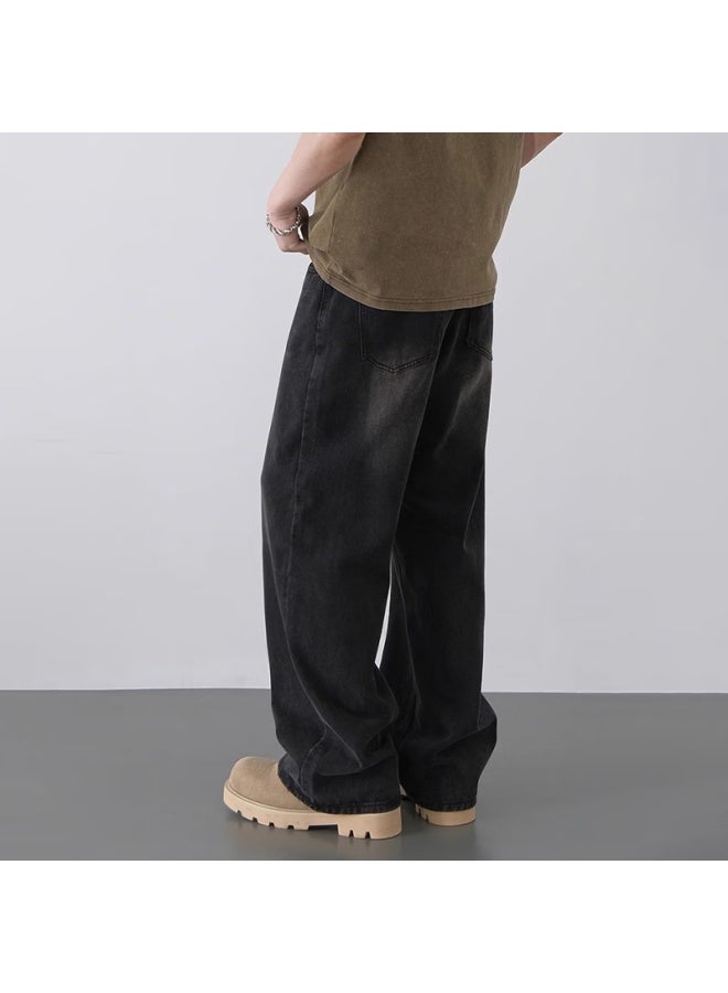 Homlean American High Street Washed Denim Jeans Men's Retro Straight-leg Casual Trendy Wide-leg Pants An05 Black 3XL - Image 4