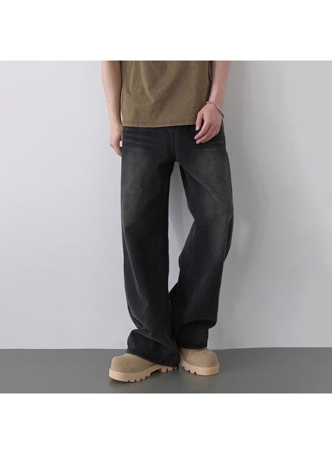 Homlean American High Street Washed Denim Jeans Men's Retro Straight-leg Casual Trendy Wide-leg Pants An05 Black 3XL - Image 3
