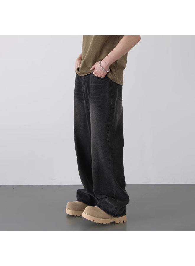 Homlean American High Street Washed Denim Jeans Men's Retro Straight-leg Casual Trendy Wide-leg Pants An05 Black 3XL - Image 2