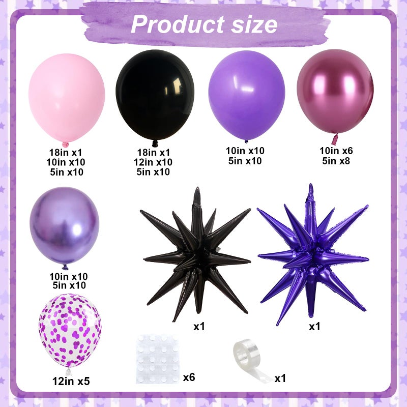Paeyeq Pink and Purple Balloon Garland Arch Kit, Black Purple Pink Metallic Confetti Latex Party Balloons with Explosion Star Foil Balloon for Girls Bridal Baby Shower Wedding Birthday Party Decorations - Image 2