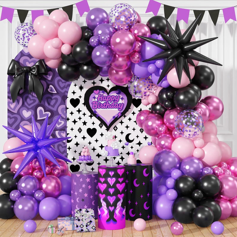 Paeyeq Pink and Purple Balloon Garland Arch Kit, Black Purple Pink Metallic Confetti Latex Party Balloons with Explosion Star Foil Balloon for Girls Bridal Baby Shower Wedding Birthday Party Decorations - Image 1