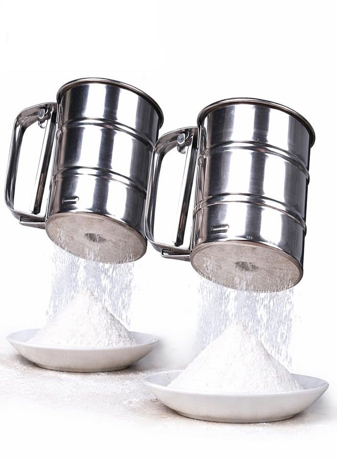 DiCUNO 2 Pcs Set Flour Sifter Hand Press Stainless Steel, BUYERZONE Atta Chalni for Kitchen, Fine Mesh Flour Sieve Sifter, Easy Press Flour Strainer for Baking, Durable Steel Sieve for Maida Atta - Image 1