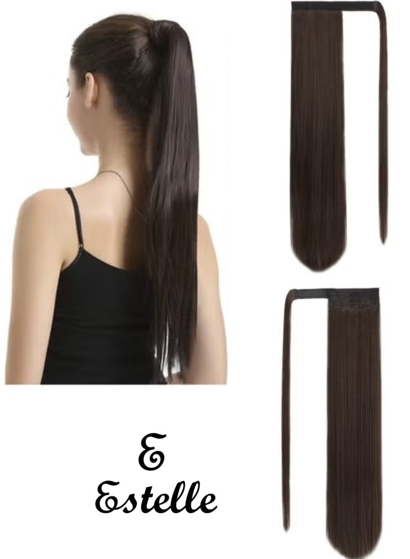 إستيل تمديد ذيل الحصان طويل مستقيم التفاف حول كليب في الألياف الاصطناعية الشعر للنساء 4 بني داكن - Image 1