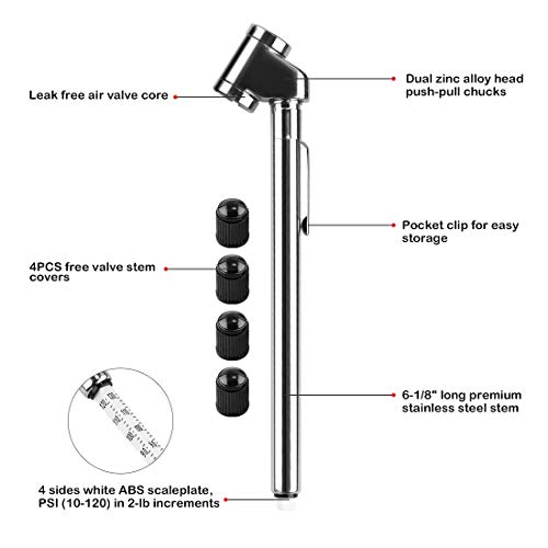 CZC AUTO Pencil Tire Pressure Gauge, Dual Head Trucks Air Gage, Accurate Mechanical Dually Chuck Wheel Service Checker, Stainless Steel Stem for Car RV ATV Motorcycle Bike, 10-120PSI (Silver, 1 Pack) - Image 2