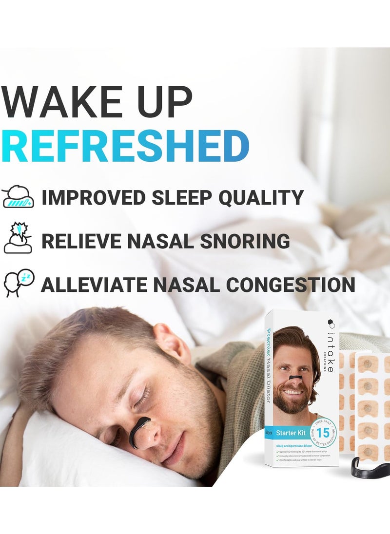 Intake Breathing - Intake Breathing Nasal Strip Starter Kit (15 Count, Black) - Boost Oxygen Intake, Reduce Snoring, Improve Sleep Quality - Sweat Resistant, Skin Safe Nasal Strips - Extra Strength Snoring Solution - Image 1