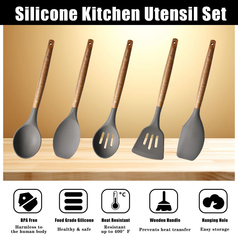 Miusco Kitchen Utensils Set, Silicone Cooking Utensils Set,Non-Stick Silicone Spatula Set with Natural Acacia Hard Wood Handle, 5 Piece, Upgraded Thickened Cookware - Image 2
