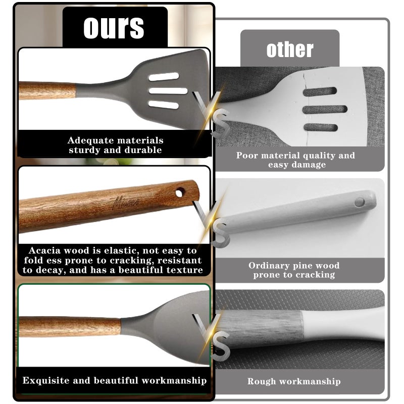 Miusco Kitchen Utensils Set, Silicone Cooking Utensils Set,Non-Stick Silicone Spatula Set with Natural Acacia Hard Wood Handle, 5 Piece, Upgraded Thickened Cookware - Image 3