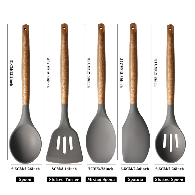 Miusco Kitchen Utensils Set, Silicone Cooking Utensils Set,Non-Stick Silicone Spatula Set with Natural Acacia Hard Wood Handle, 5 Piece, Upgraded Thickened Cookware - Image 4