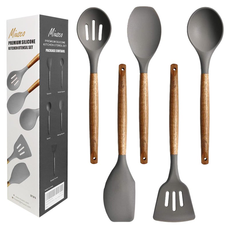 Miusco Kitchen Utensils Set, Silicone Cooking Utensils Set,Non-Stick Silicone Spatula Set with Natural Acacia Hard Wood Handle, 5 Piece, Upgraded Thickened Cookware - Image 1