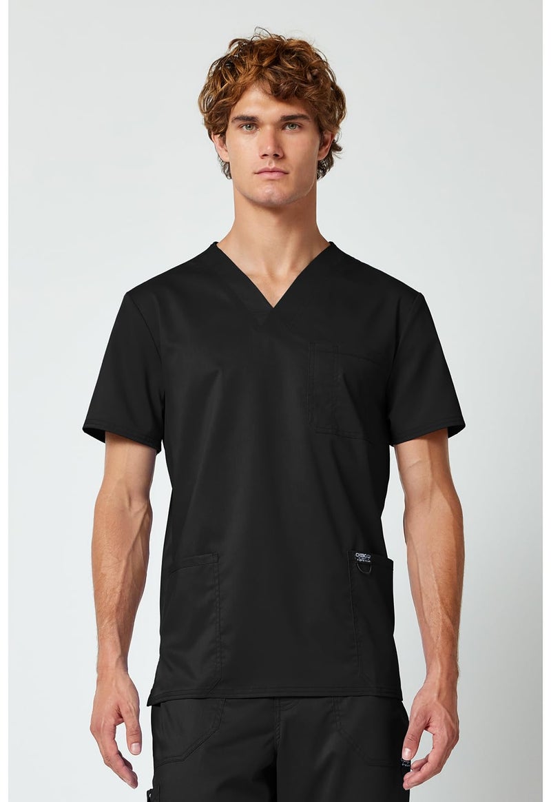 Cherokee Scrub top for Men V-Neck with 3 Pockets, Knit Details, Soft, Durable, Breathable, 2-Way Stretch Fabric - WW670, S, Black - Image 3