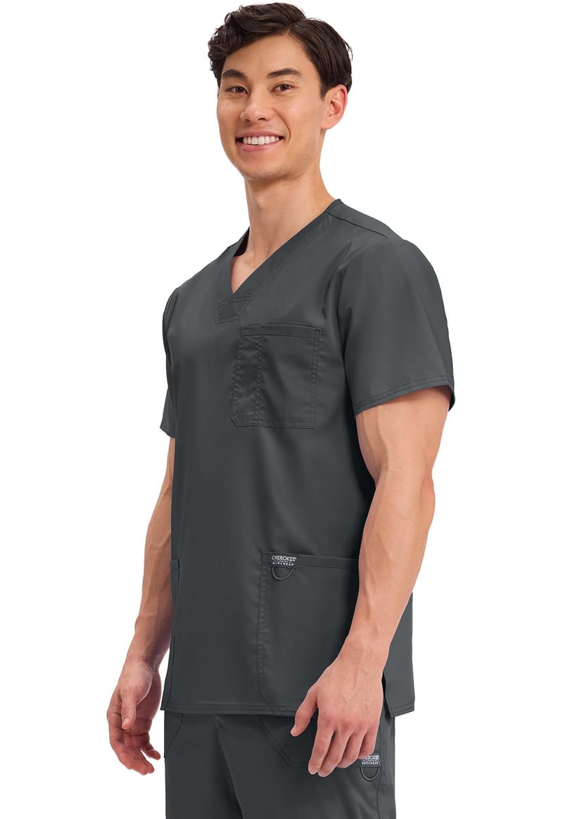 Cherokee Scrub top for Men V-Neck with 3 Pockets, Knit Details, Soft, Durable, Breathable, 2-Way Stretch Fabric - WW670, S, Black - Image 2